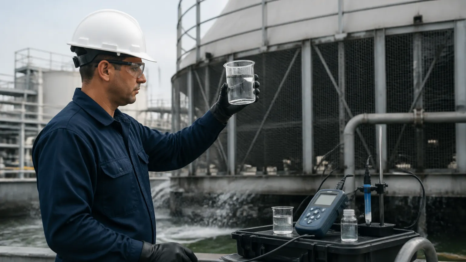 Técnico coletando amostra de água em torre de resfriamento industrial para análise química.