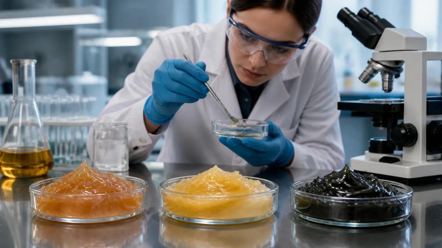 Amostras laboratoriais para análise de tipos de graxa, sabão e óleo base.