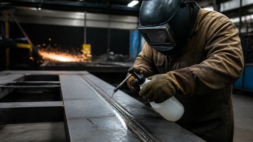 Aplicação de antirrespingo de solda em chapa metálica antes do processo de fabricação industrial.