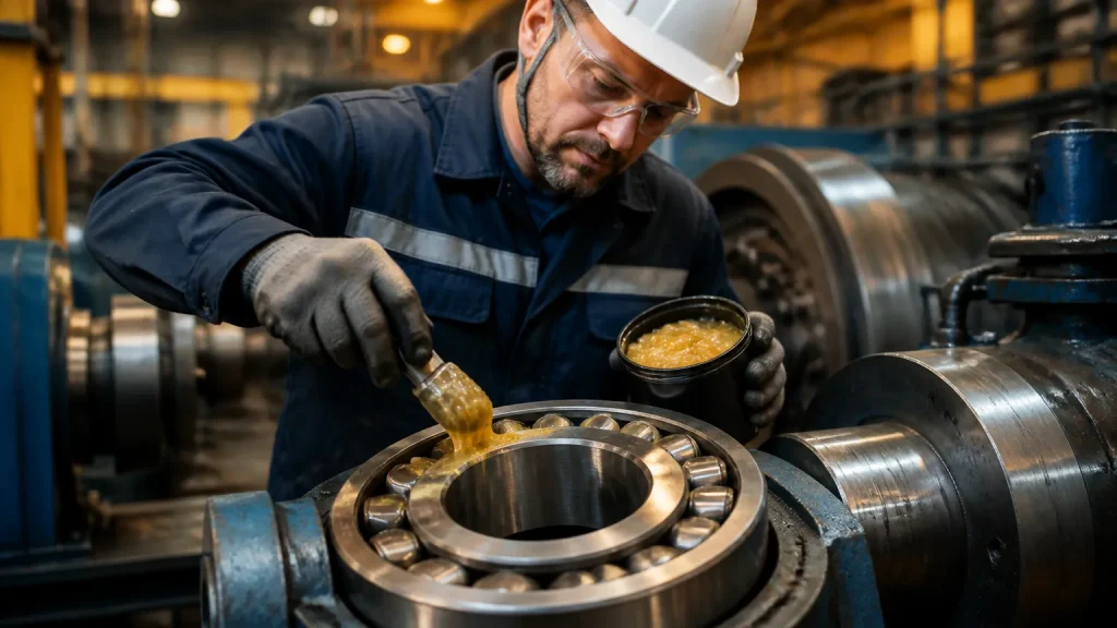Aplicação de graxa para alta temperatura em rolamento industrial durante manutenção preventiva.