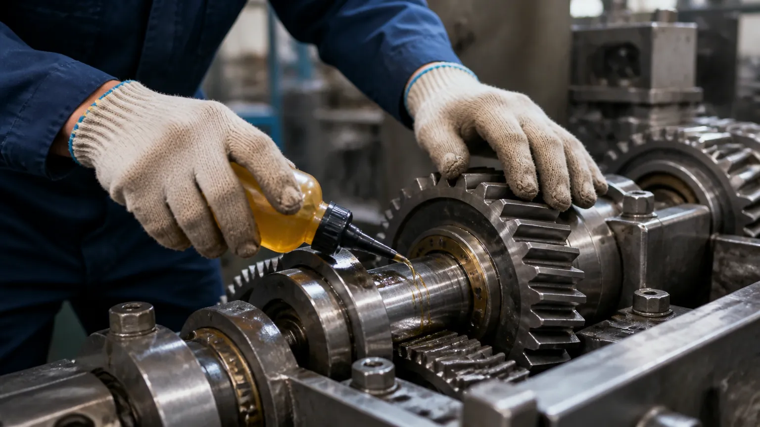 Aplicação de graxa técnica em engrenagens seguindo o plano de lubrificação da fábrica.