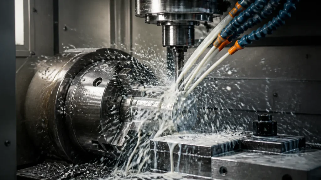 Aplicação de fluido solúvel e óleo de corte para usinagem em torno CNC industrial.