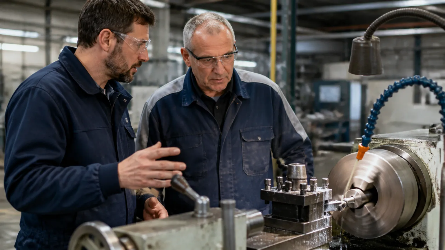 Consultoria técnica avaliando fluido de corte em torno mecânico industrial