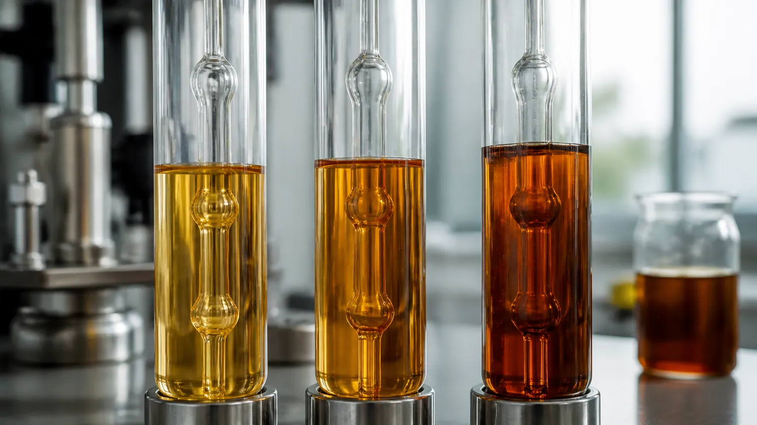 Comparação de viscosidade do óleo hidráulico 68 com outros graus em laboratório industrial.