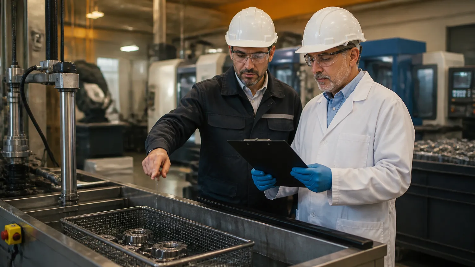 Consultoria técnica avaliando uso de desengraxante industrial no processo de produção.