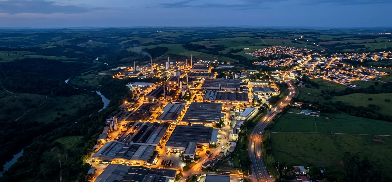 Vista aérea de um distrito industrial no interior de São Paulo ao anoitecer