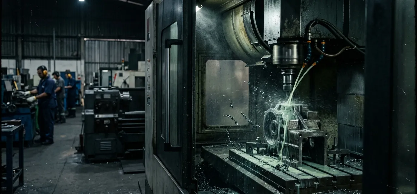 Centro de usinagem CNC cortando peça de aço com fluido de corte em uma metalúrgica