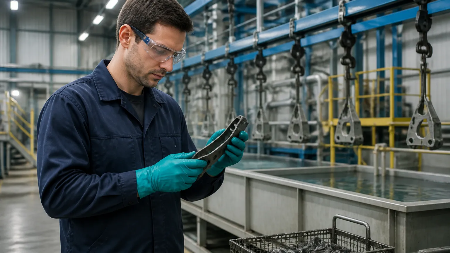 Técnico inspecionando peça metálica após banho de fosfatização e tratamento químico.