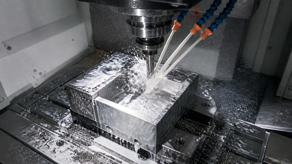 Aplicação de óleo solúvel em usinagem CNC refrigerando a ferramenta de corte