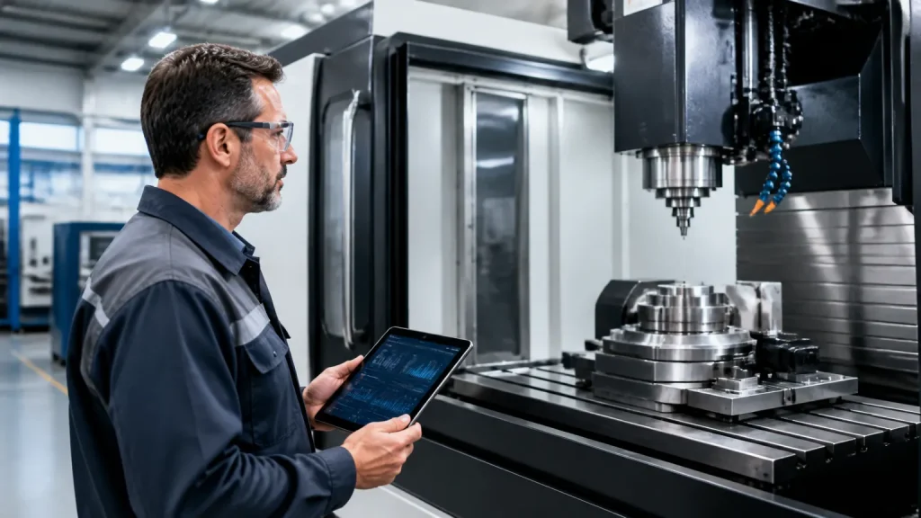 Supervisor inspecionando máquinas industriais para estruturar plano de lubrificação eficiente.