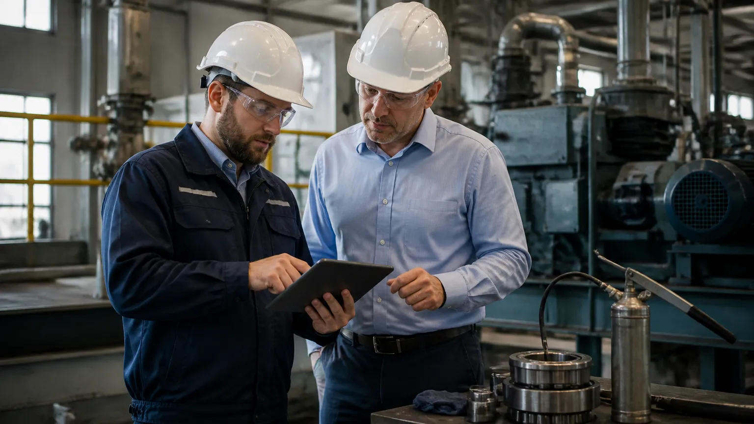 Técnicos avaliando rotinas preventivas no plano de lubrificação industrial.