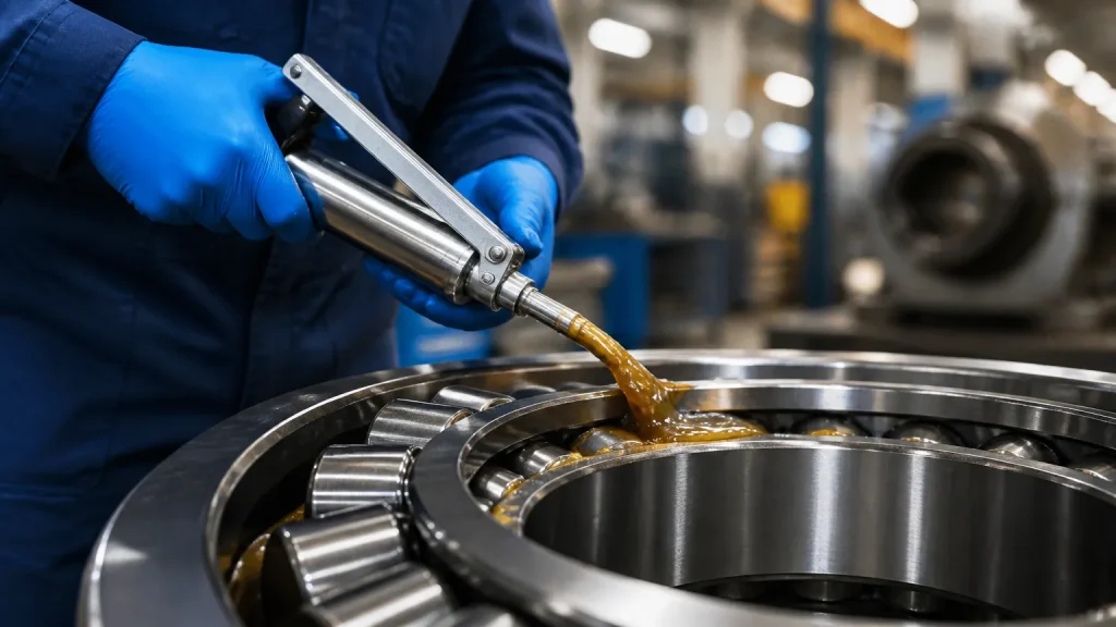 Aplicação técnica destacando diferentes tipos de graxa industrial em rolamentos de fábrica.