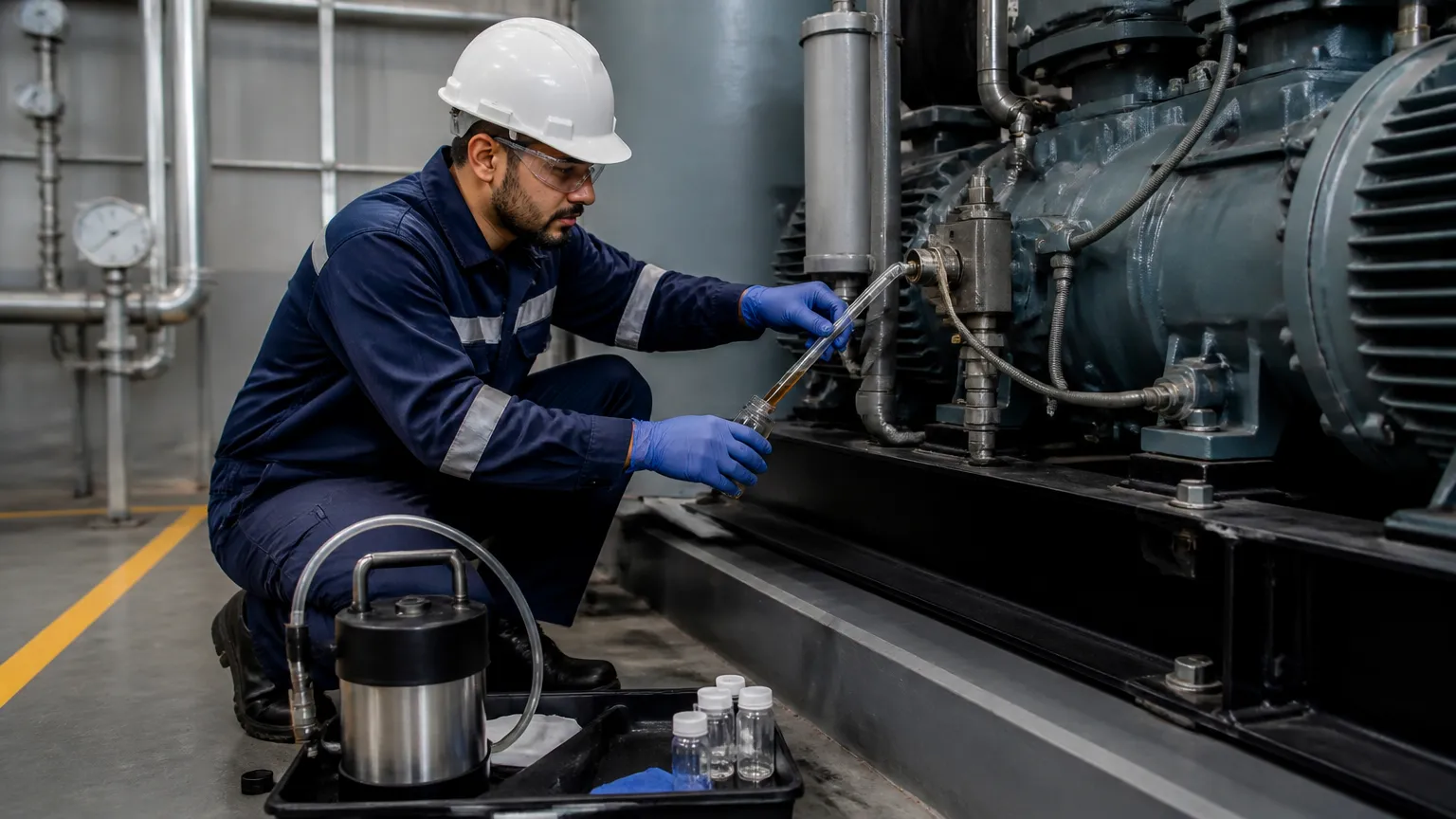 Manutenção preventiva realizando troca de óleo para compressor de ar na indústria.