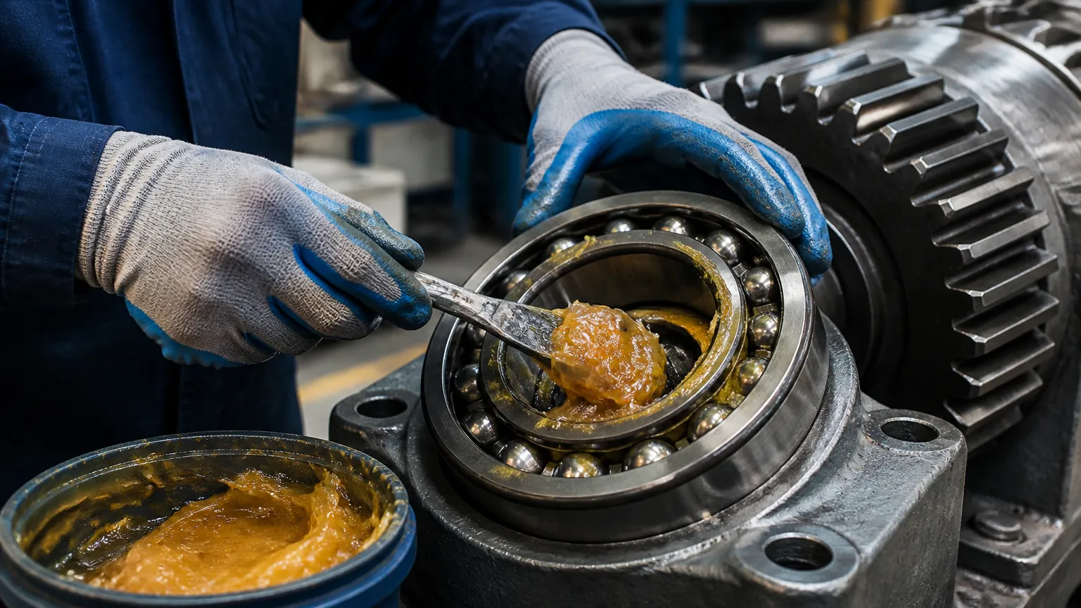 Aplicacao tecnica de tipos de lubrificantes em rolamento industrial durante manutencao preventiva.