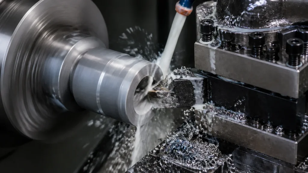 Entenda o que e usinagem com processo de torneamento CNC e aplicacao de fluido de corte refrigerante.