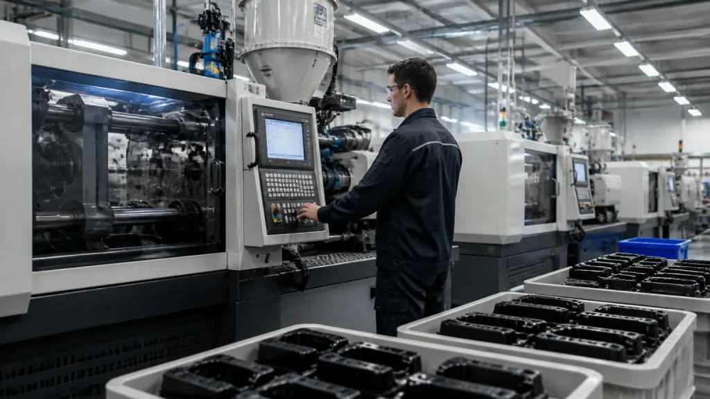 Operador inspecionando máquina de injeção plástica em linha de produção industrial moderna.